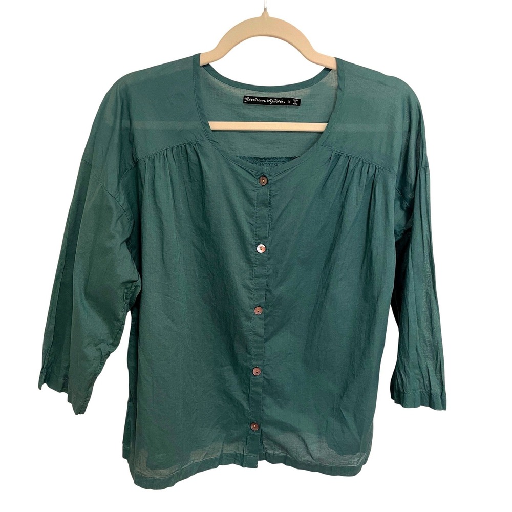 Gudrun Sjoden Blouse Teal Blue Green Cotton Button Front Lagenlook M